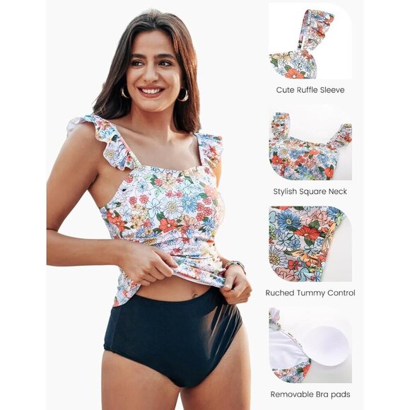 Kate Kasin 2025 Two-Piece Tankini Swimsuit, High-Waisted, Floral, Tummy Control - Picture 2 of 6